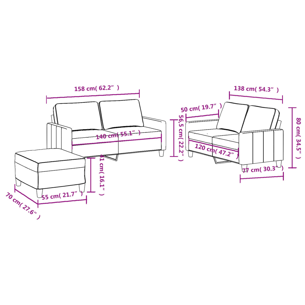3-dijelni set sofa s jastucima svjetložuti od tkanine