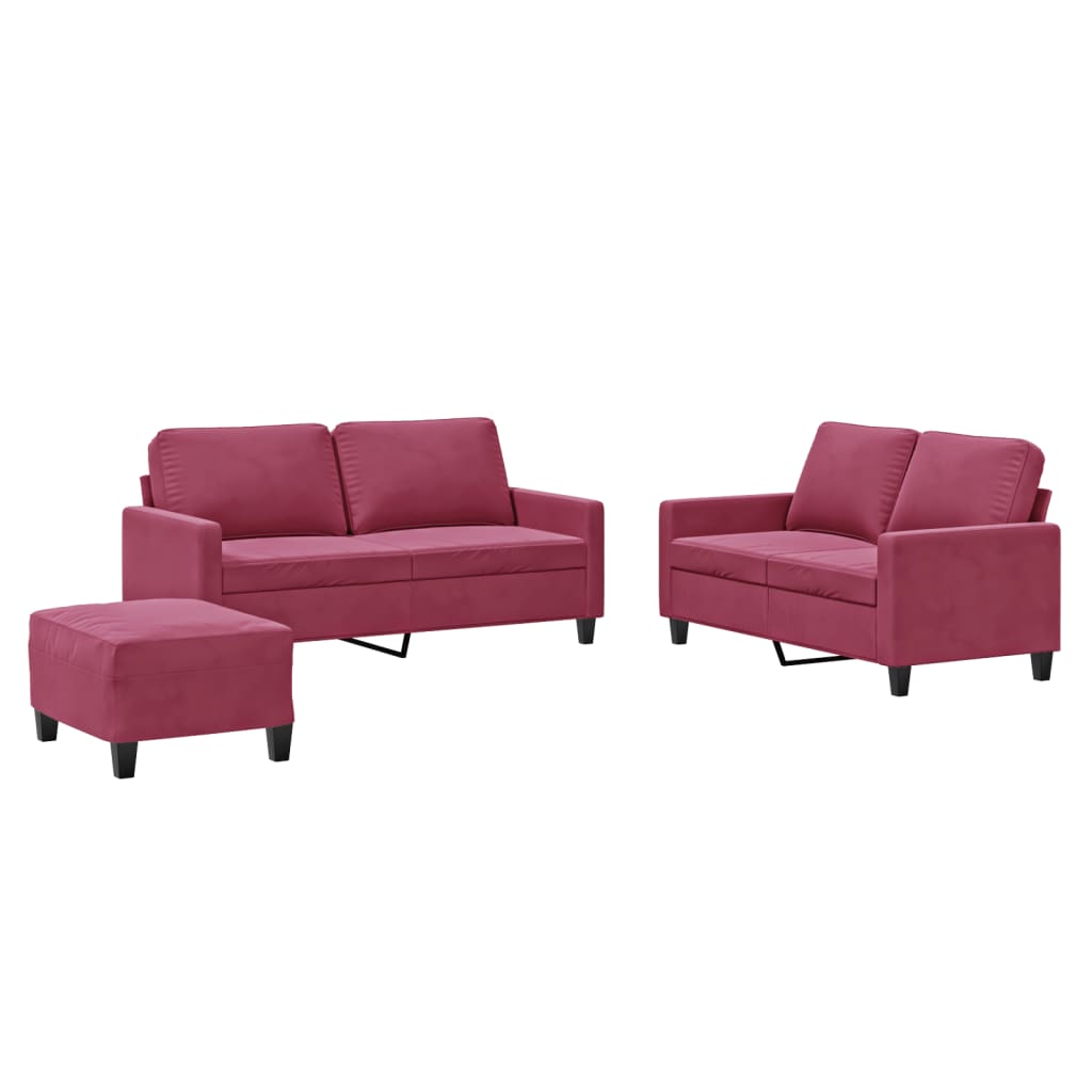 3-dijelni set sofa s jastucima crvena boja vina baršunasti