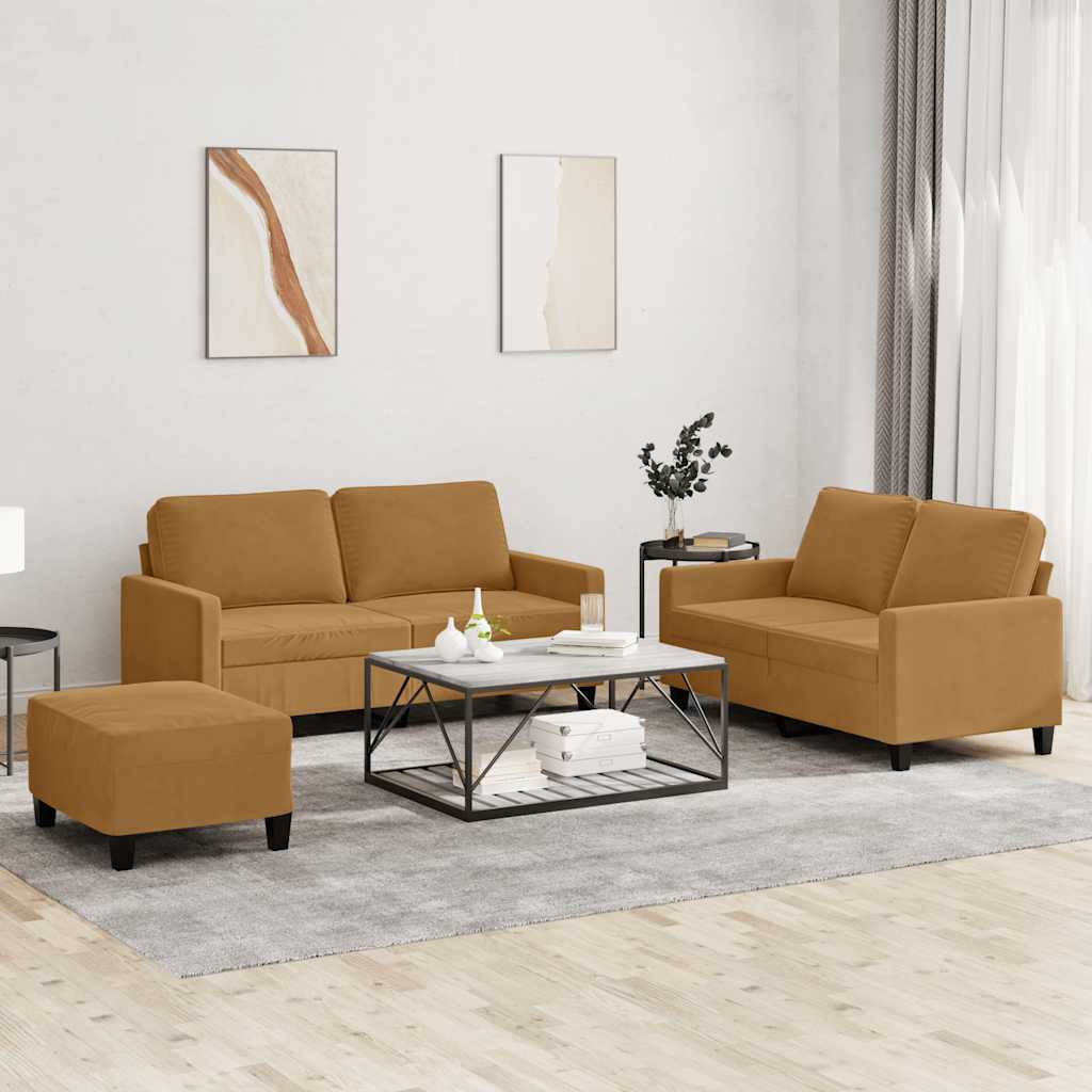 3-dijelni set sofa s jastucima smeđi baršunasti