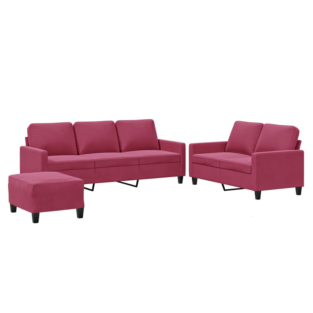 3-dijelni set sofa s jastucima crvena boja vina baršunasti