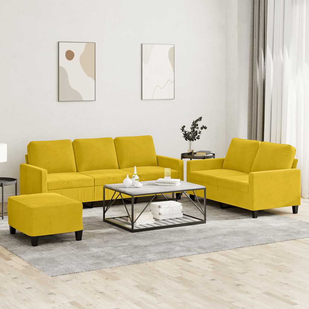 3-dijelni set sofa s jastucima žuti baršunasti