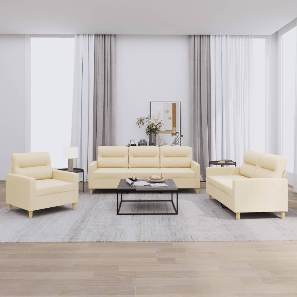 3-dijelni set sofa s jastucima krem od tkanine Krema