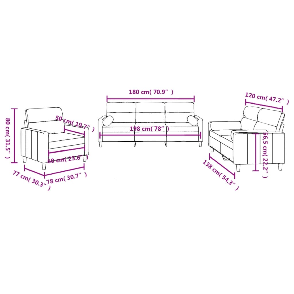 3-dijelni set sofa s jastucima krem od mikrovlakana