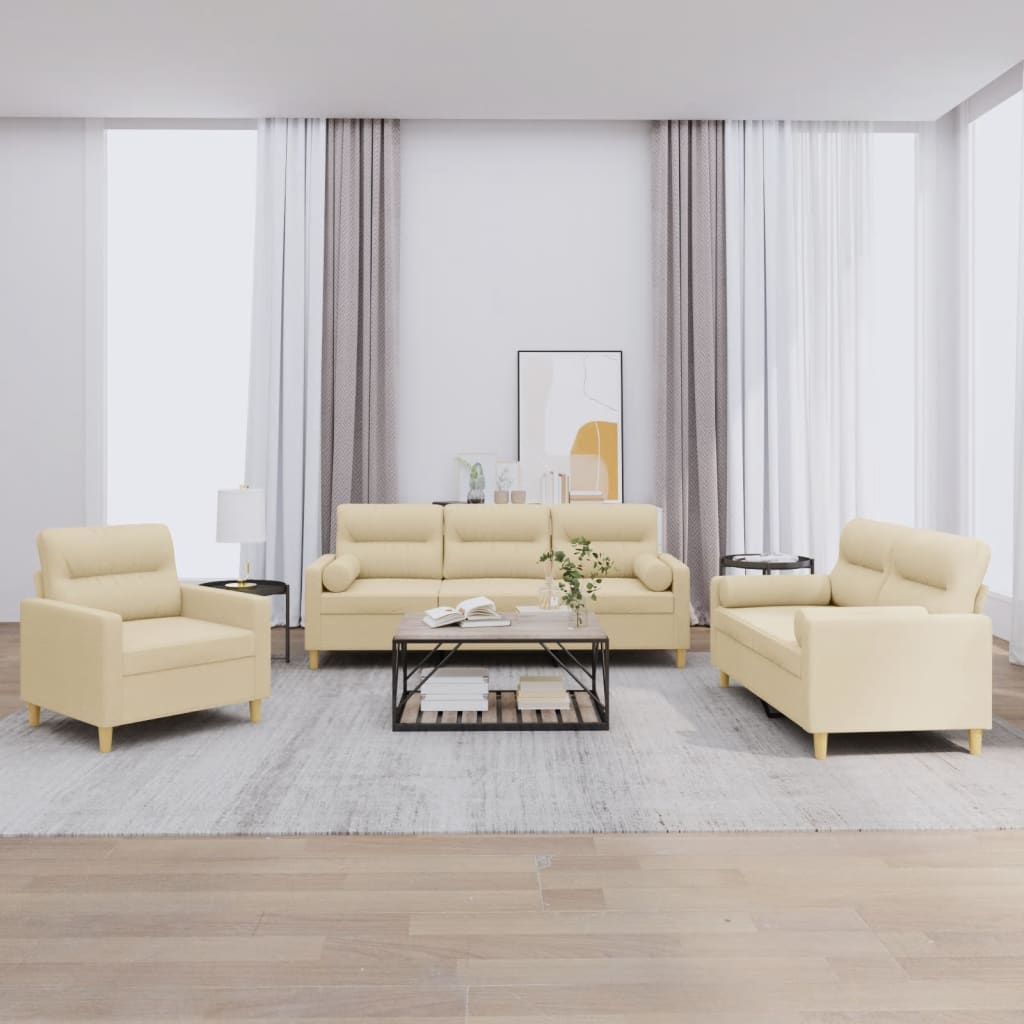 3-dijelni set sofa s jastucima krem od mikrovlakana