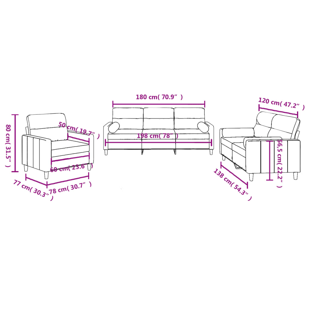 3-dijelni set sofa s jastucima svjetložuti od tkanine