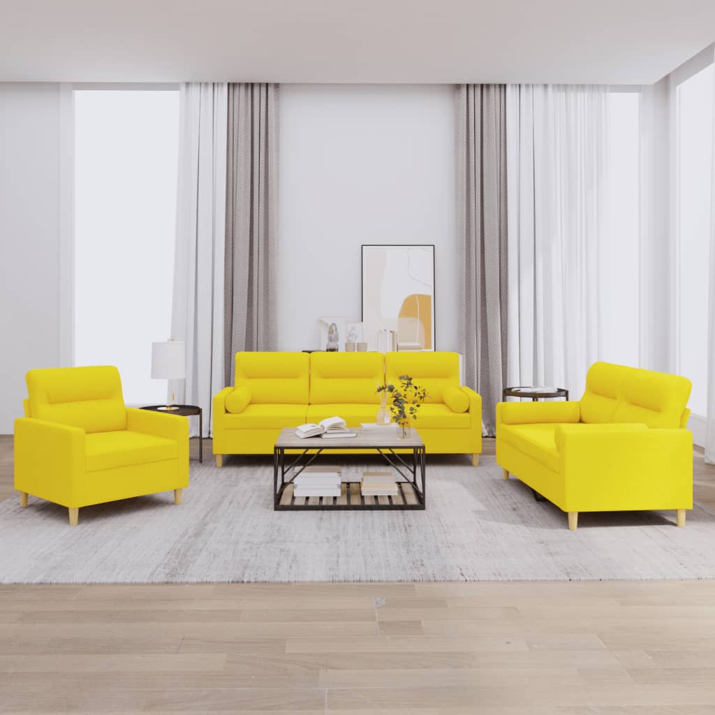 3-dijelni set sofa s jastucima svjetložuti od tkanine