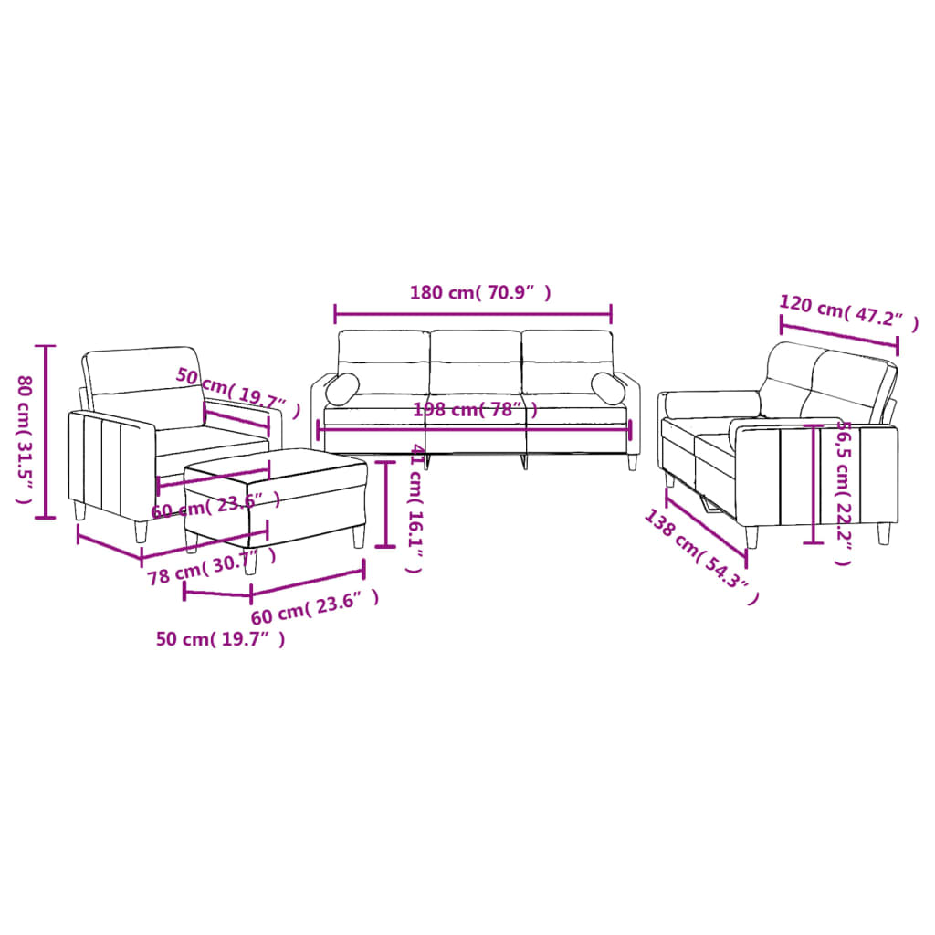 4-dijelni set sofa s jastucima krem od tkanine