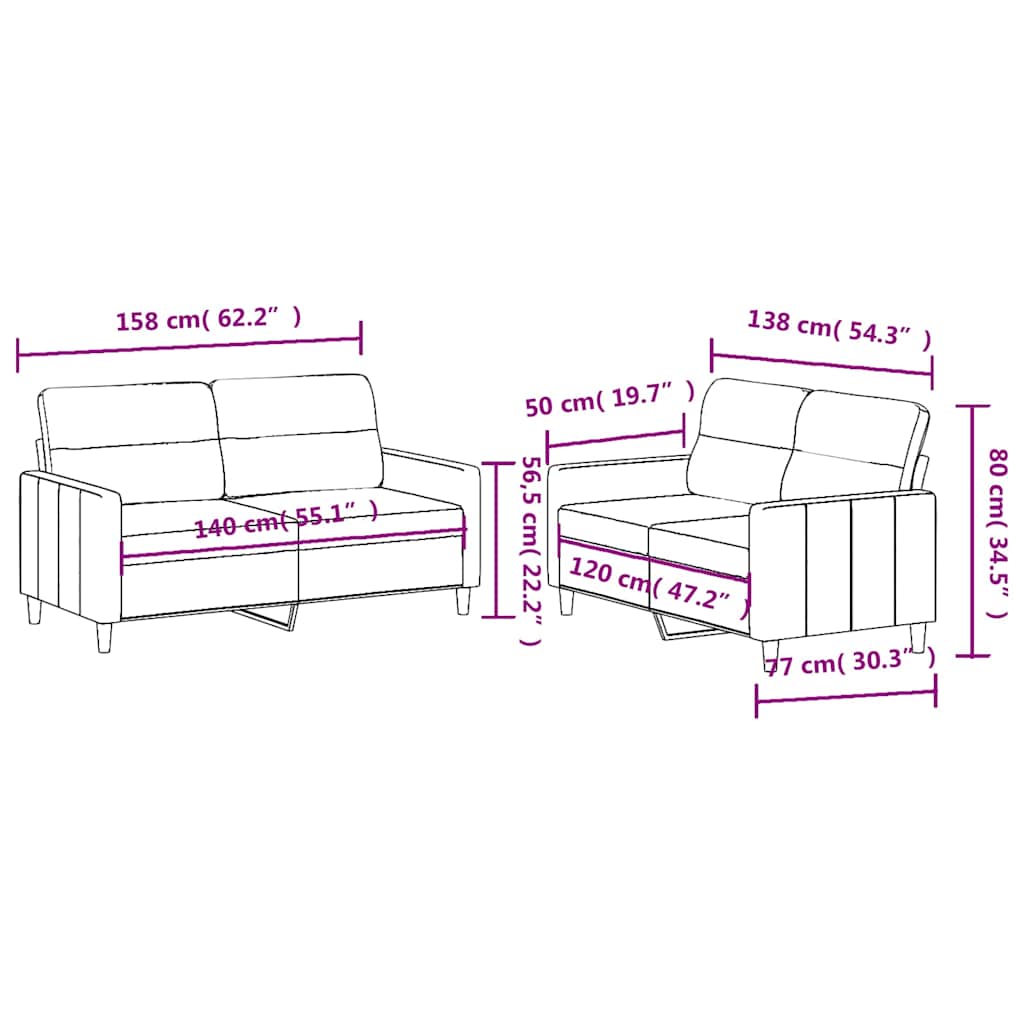 2-dijelni set sofa s jastucima krem od tkanine