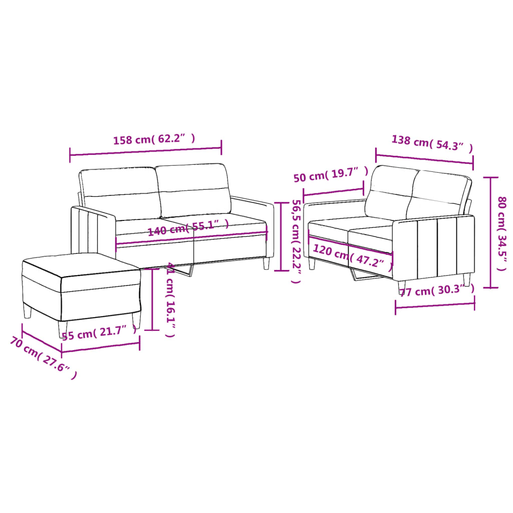 3-dijelni set sofa s jastucima smeđi od tkanine