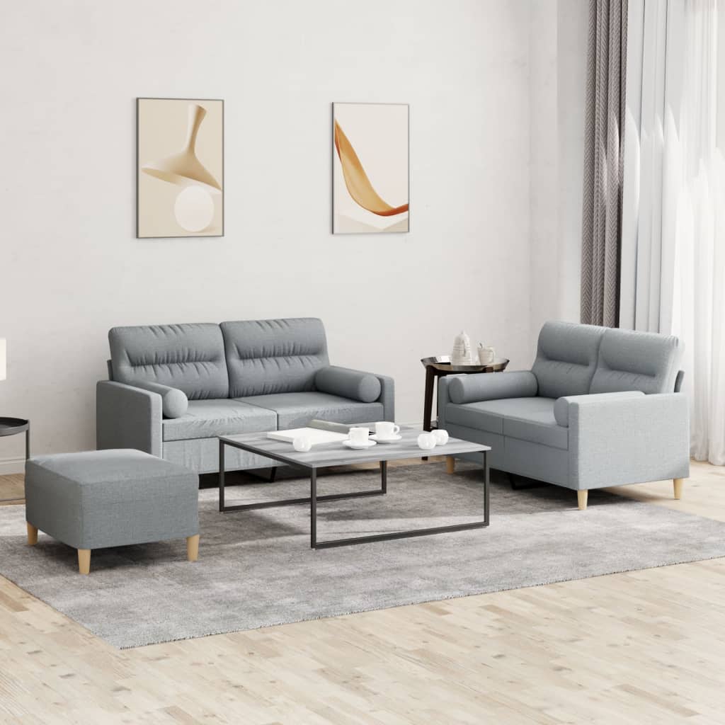 3-dijelni set sofa s jastucima svjetlosivi od tkanine