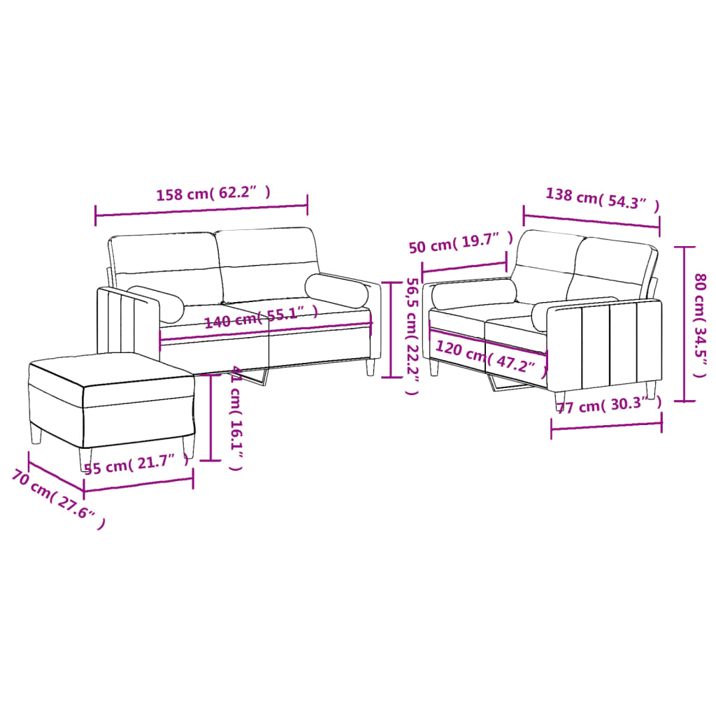 3-dijelni set sofa s jastucima krem od mikrovlakana