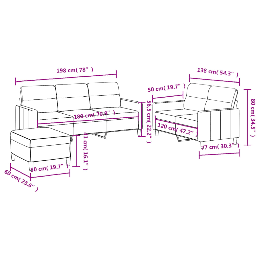3-dijelni set sofa s jastucima krem od tkanine