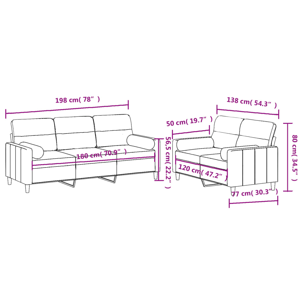 2-dijelni set sofa s jastucima crvena boja vina od tkanine