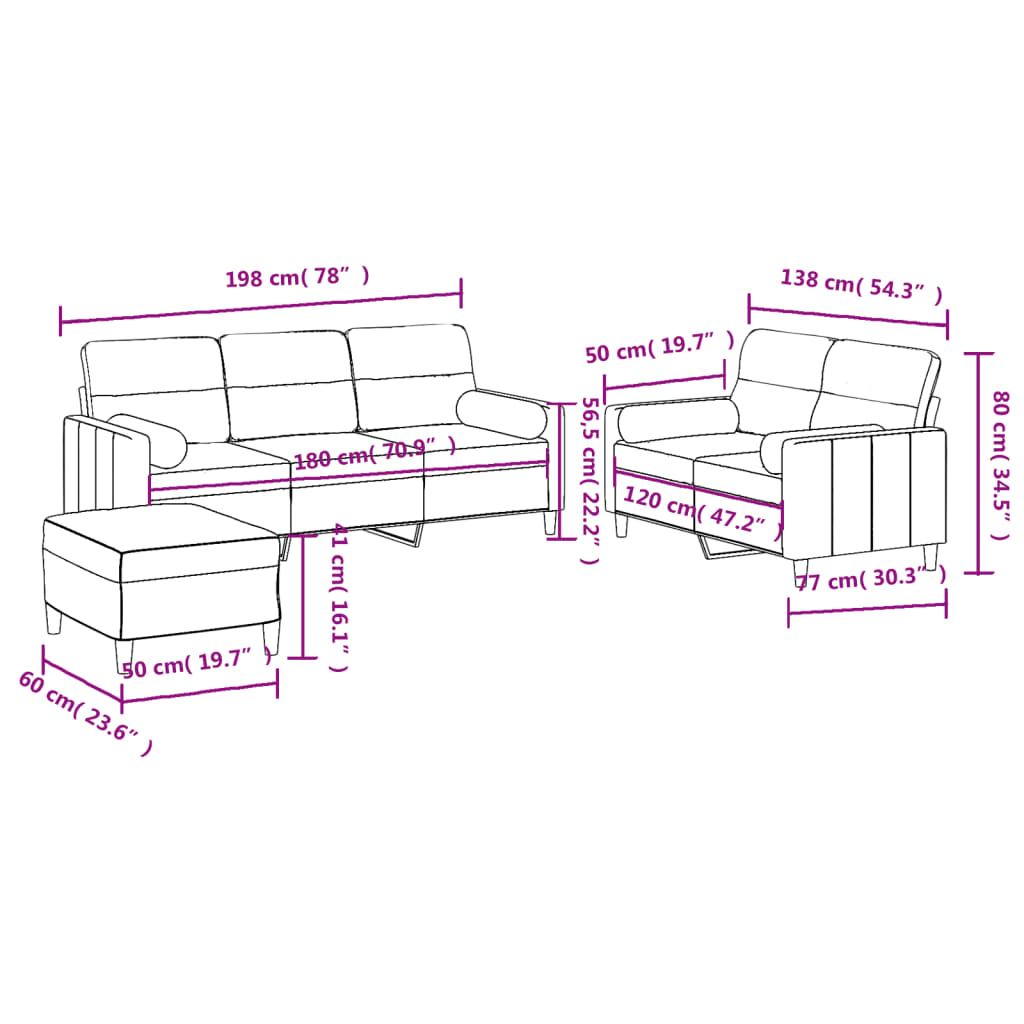 3-dijelni set sofa s jastucima krem od mikrovlakana