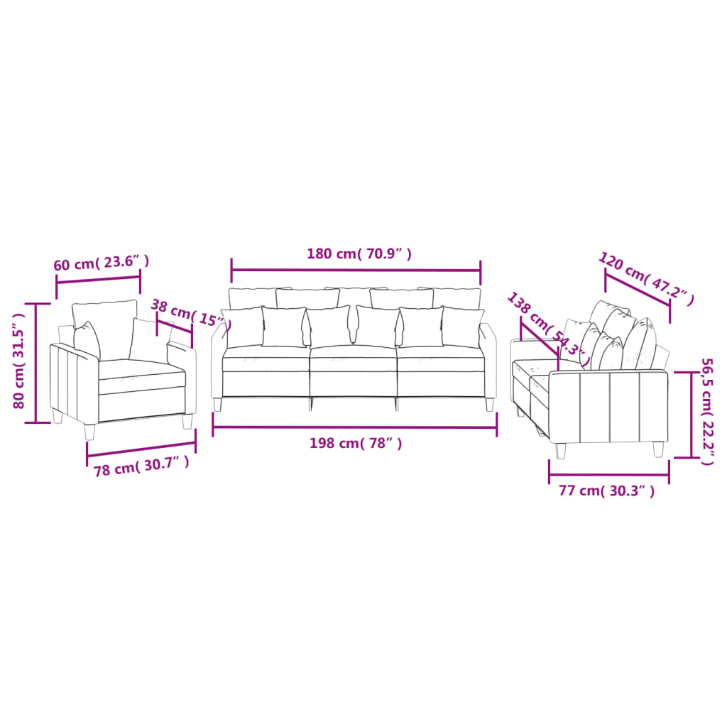 3-dijelni set sofa s jastucima krem od mikrovlakana