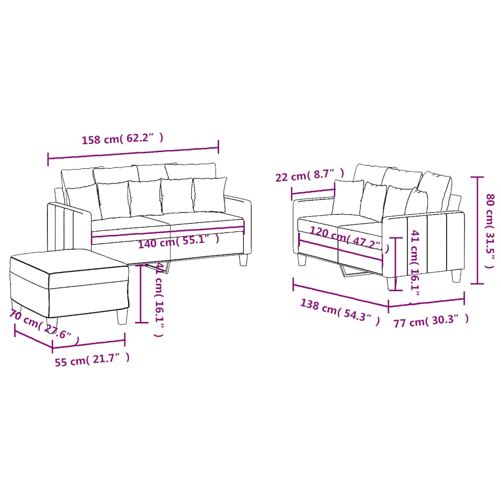 3-dijelni set sofa s jastucima crni od tkanine