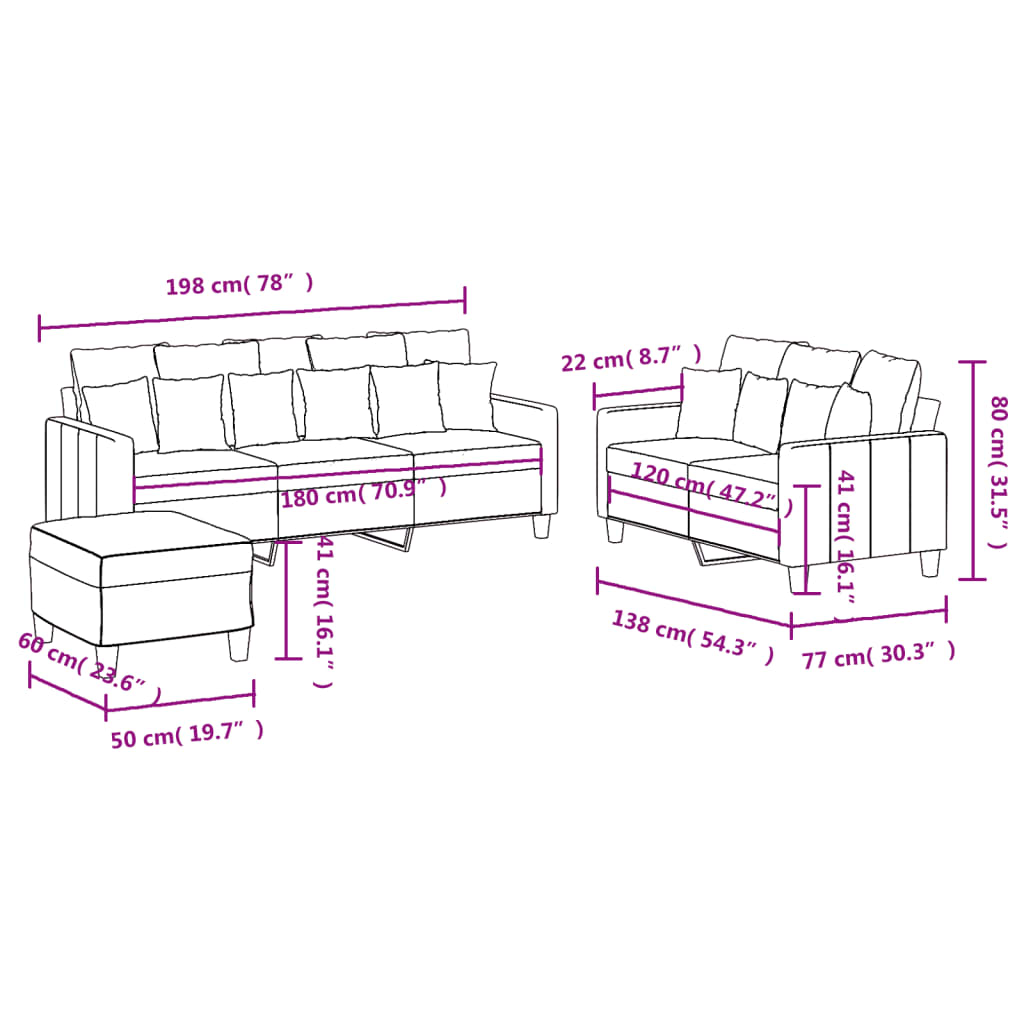 3-dijelni set sofa s jastucima krem od tkanine