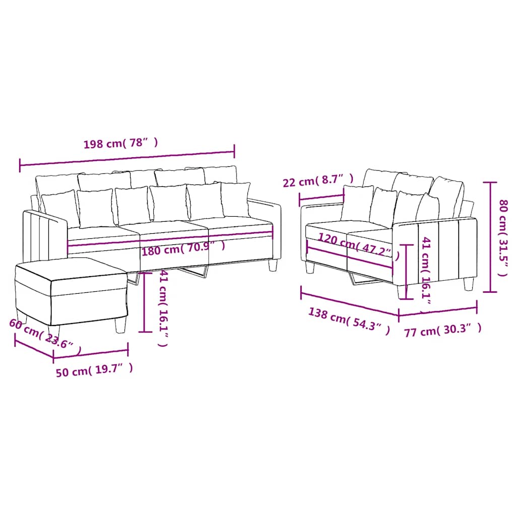 3-dijelni set sofa s jastucima crni od tkanine