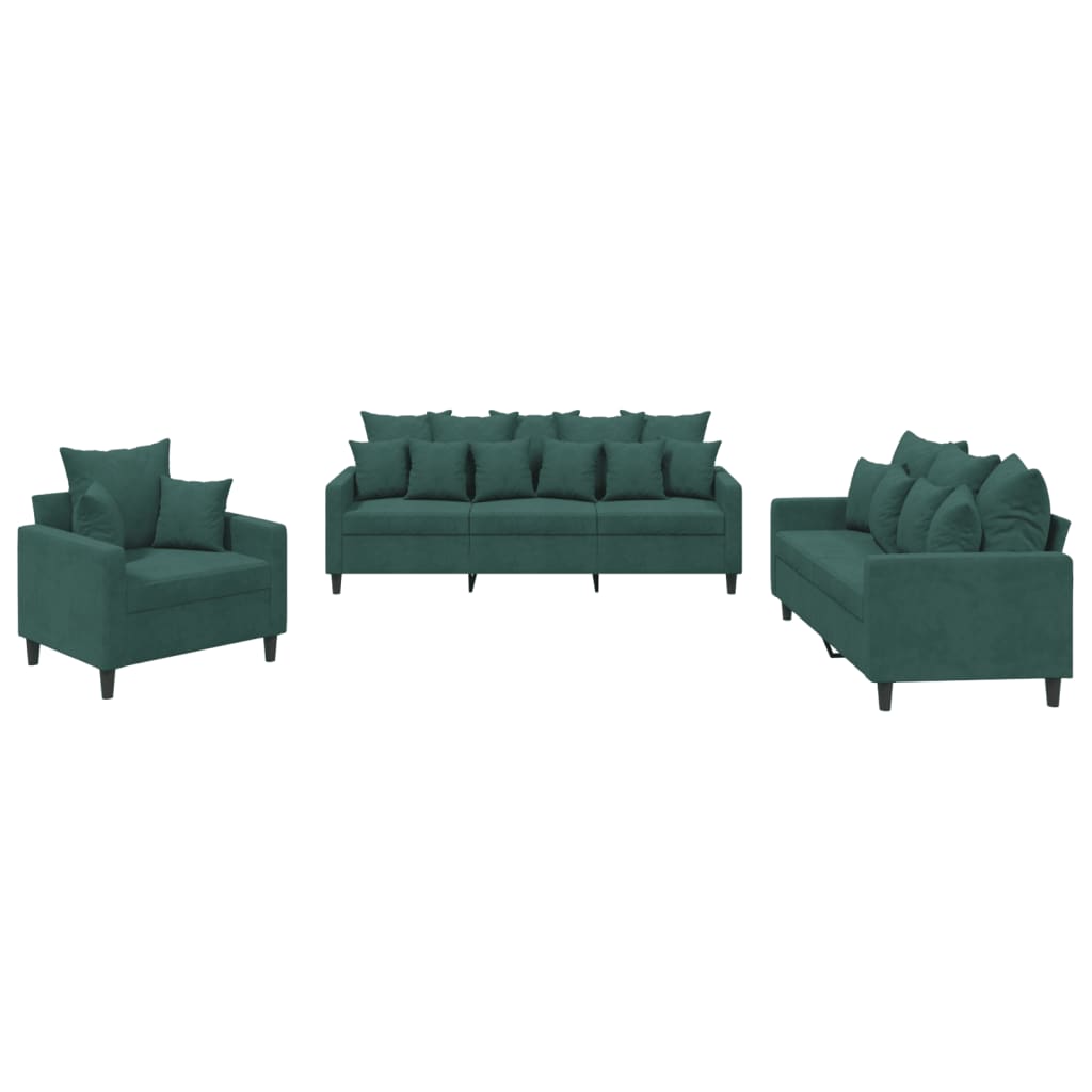 3-dijelni set sofa s jastucima tamnozeleni baršunasti