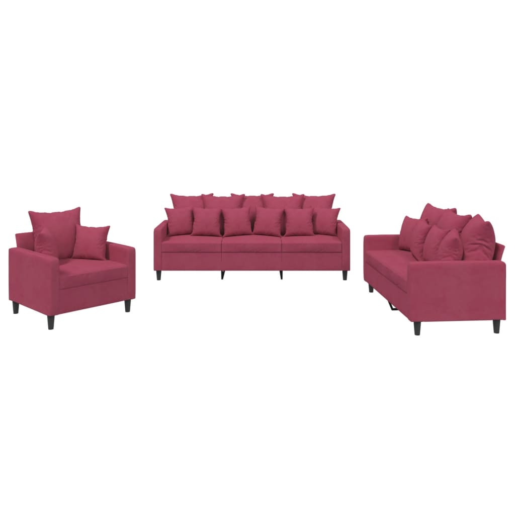 3-dijelni set sofa s jastucima crvena boja vina baršunasti