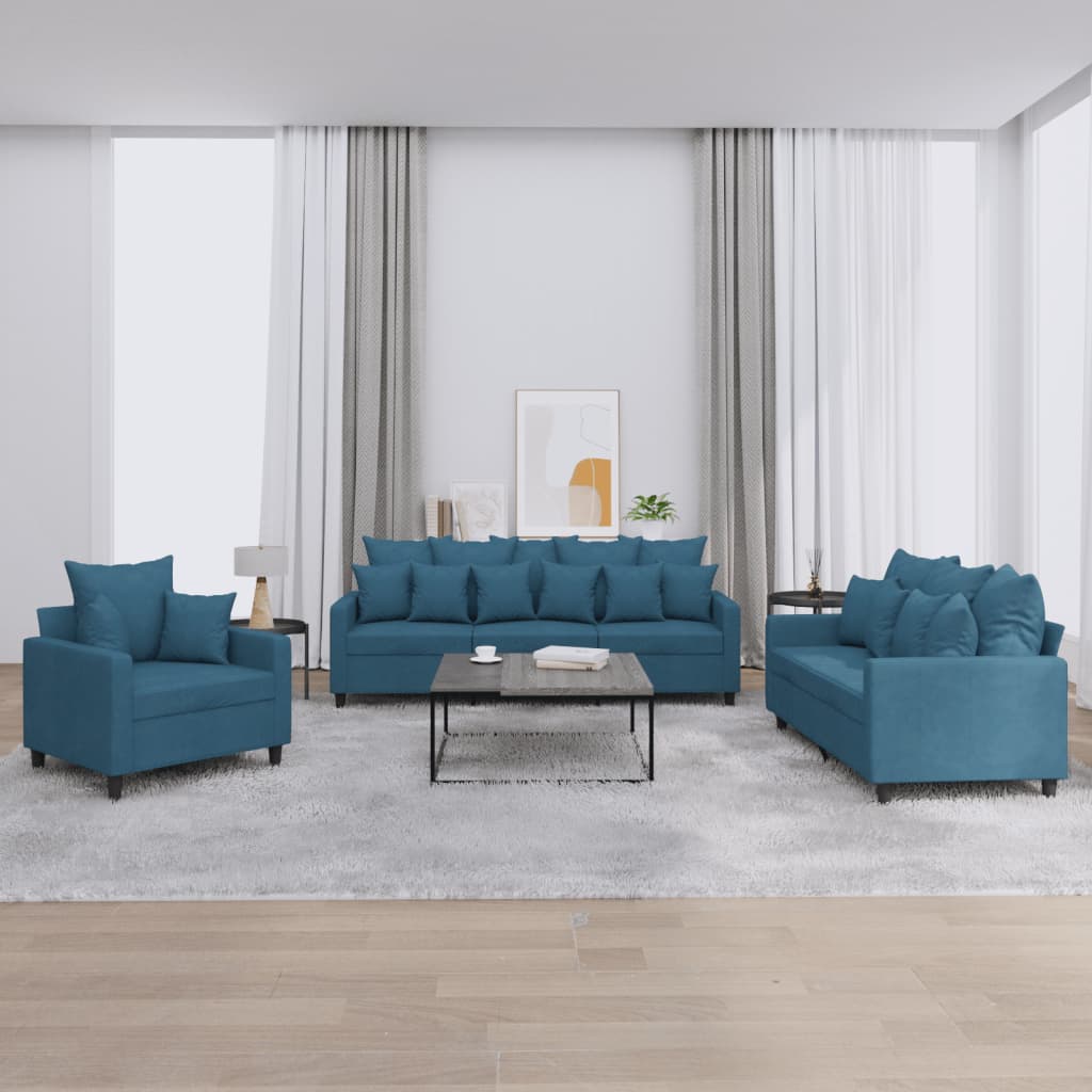 3-dijelni set sofa s jastucima plavi baršunasti