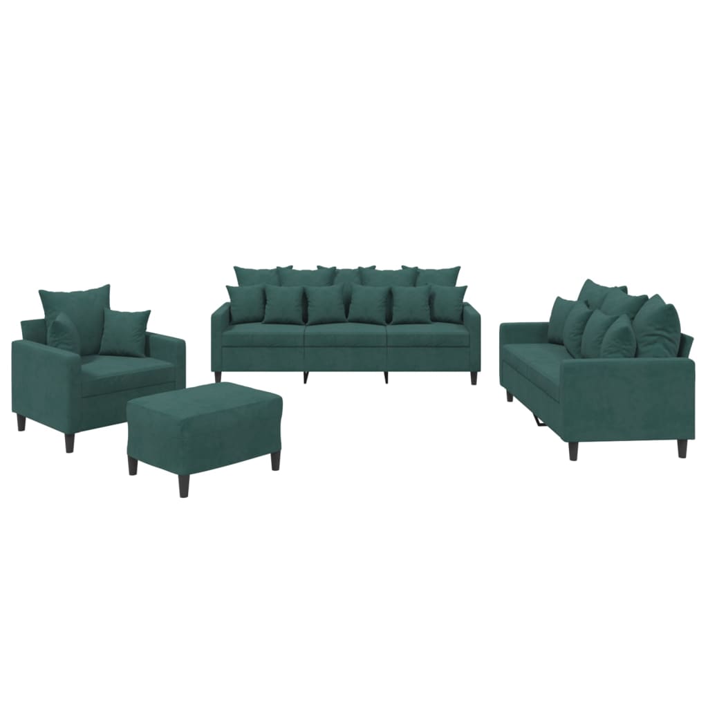 4-dijelni set sofa s jastucima tamnozeleni baršunasti