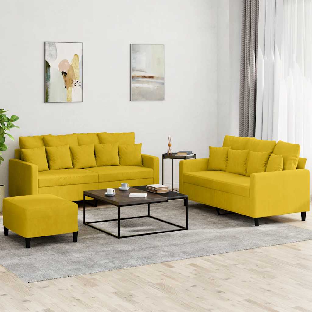 3-dijelni set sofa s jastucima žuti baršunasti