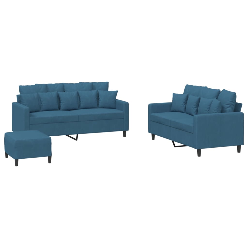 3-dijelni set sofa s jastucima plavi baršunasti