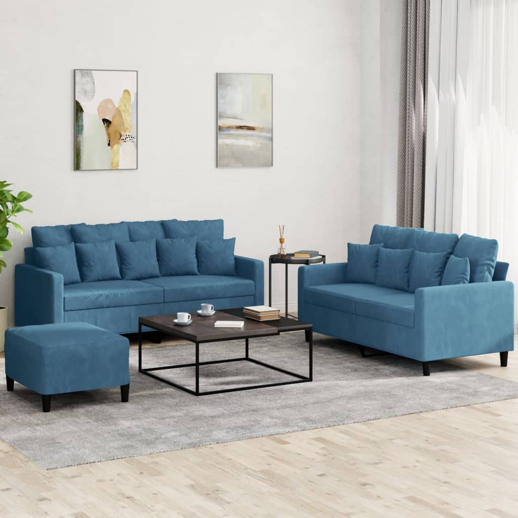 3-dijelni set sofa s jastucima plavi baršunasti