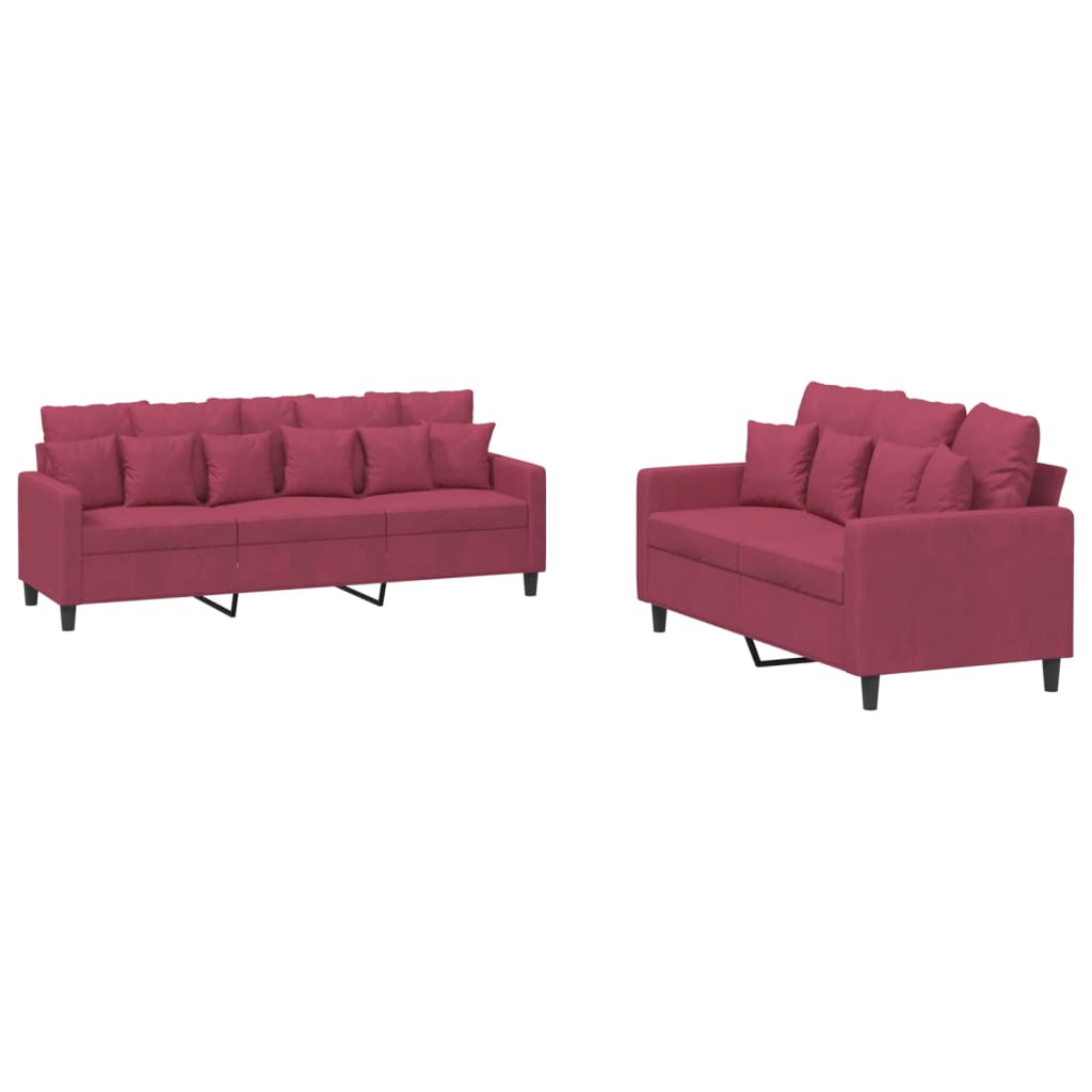 2-dijelni set sofa s jastucima crvena boja vina baršunasti