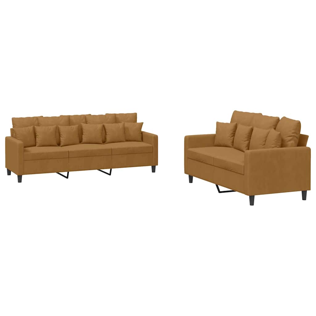 2-dijelni set sofa s jastucima smeđi baršunasti
