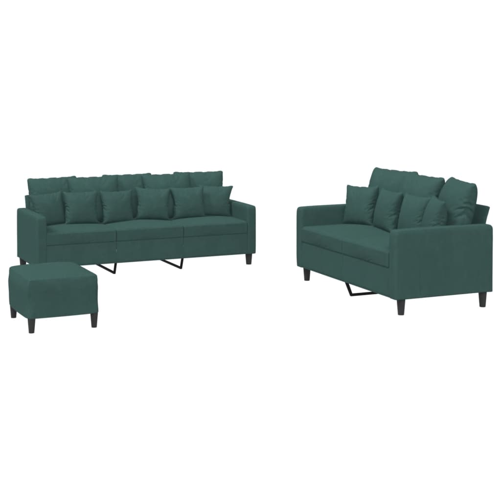 3-dijelni set sofa s jastucima tamnozeleni baršunasti