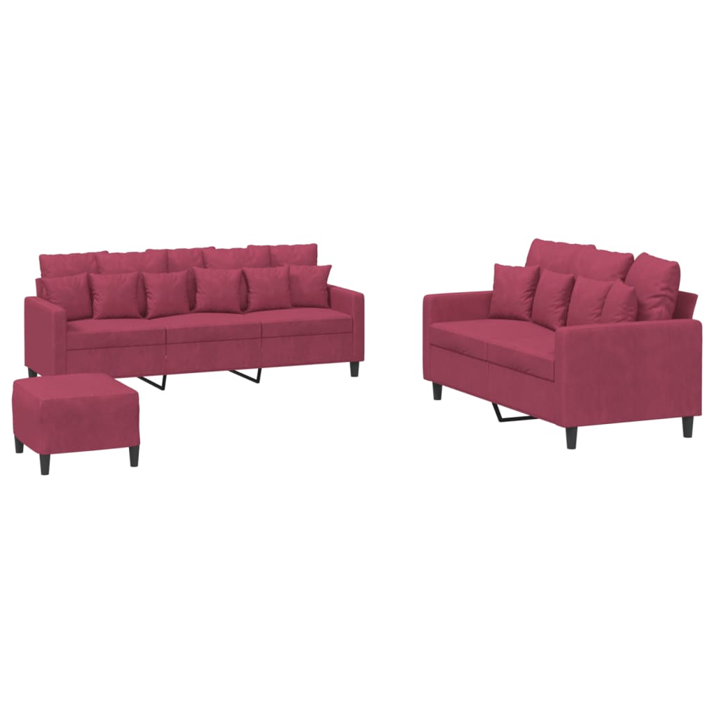 3-dijelni set sofa s jastucima crvena boja vina baršunasti
