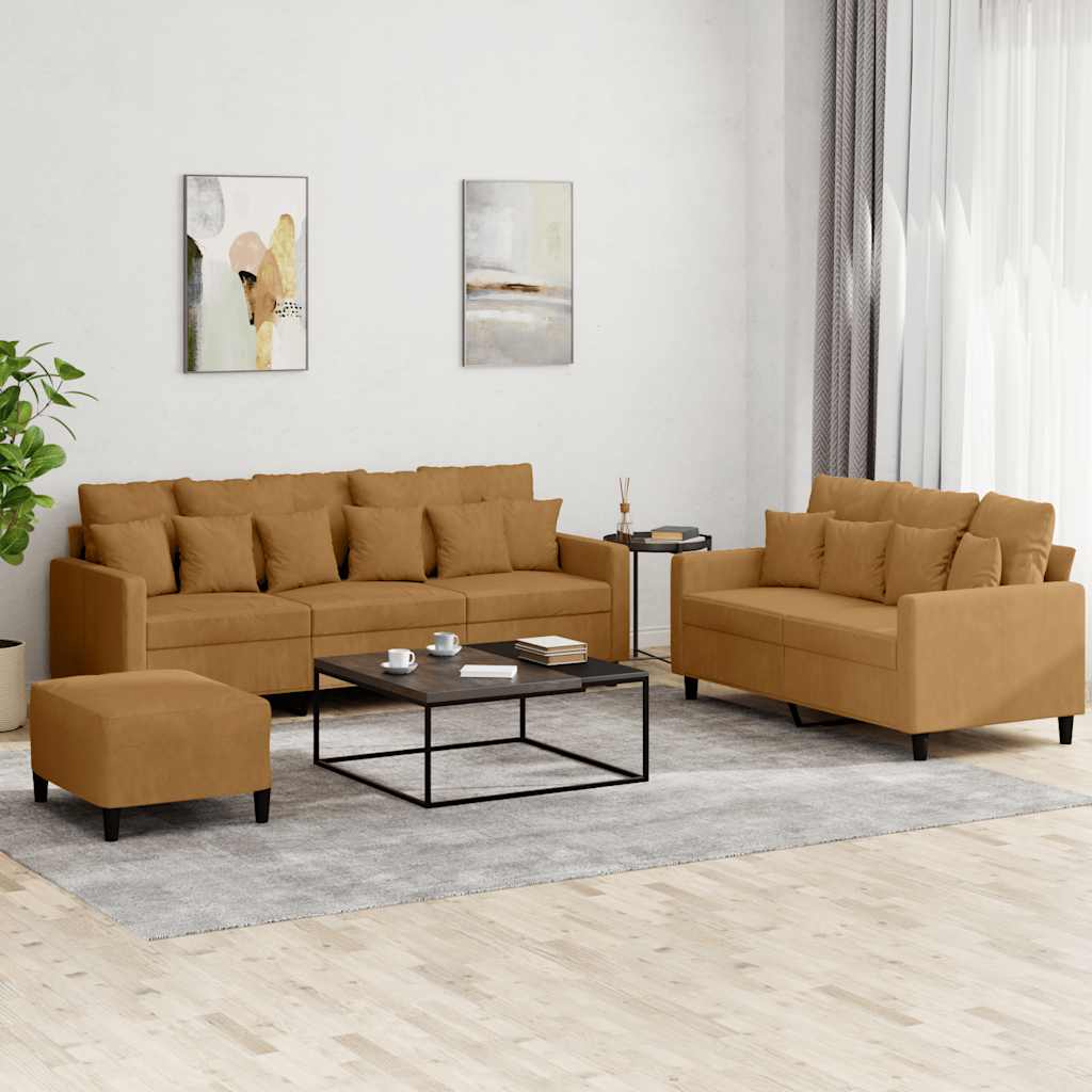 3-dijelni set sofa s jastucima smeđi baršunasti