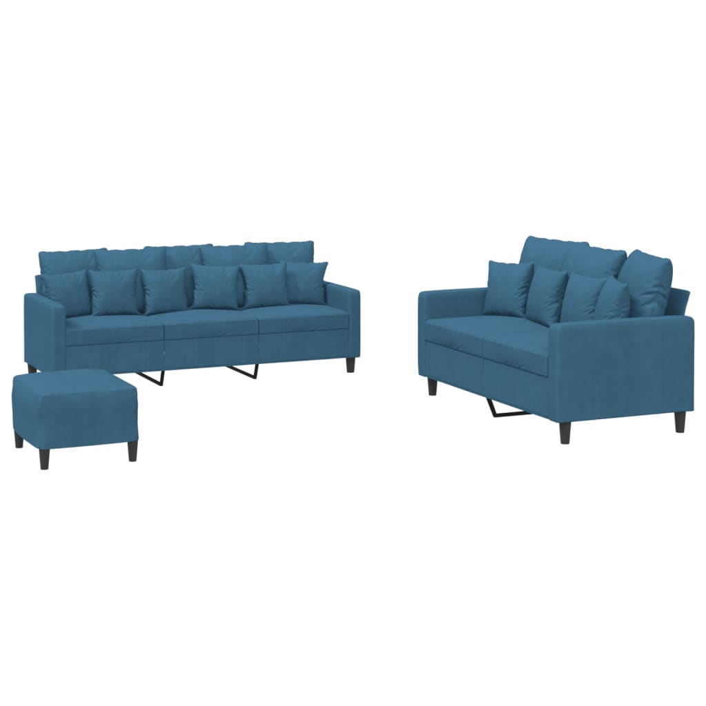3-dijelni set sofa s jastucima plavi baršunasti