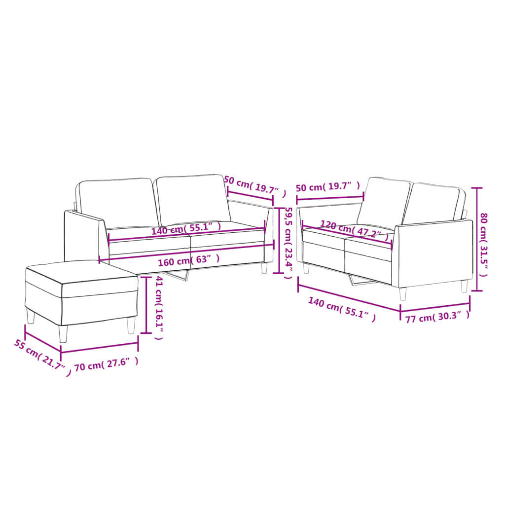 3-dijelni set sofa s jastucima boja vina od umjetne kože