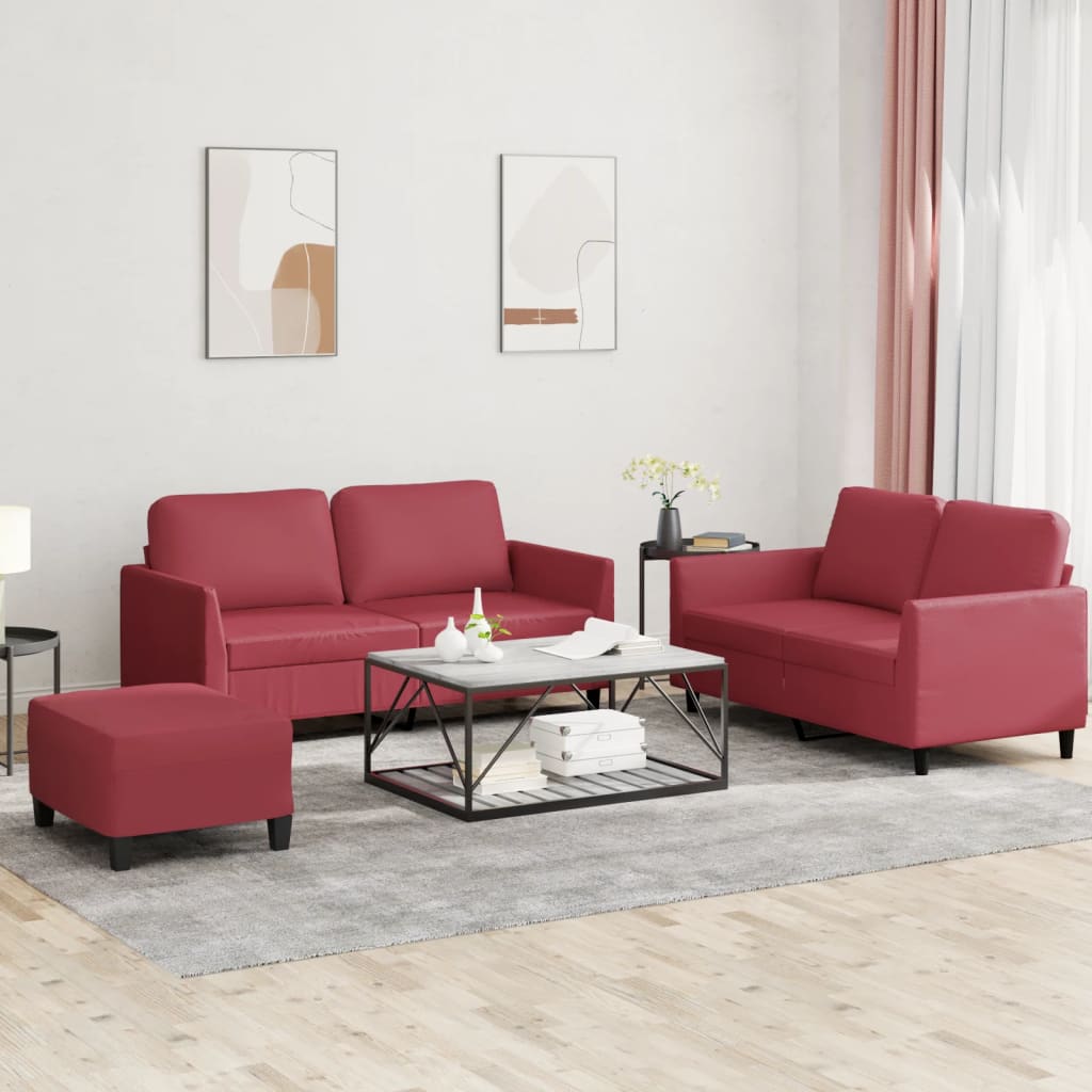 3-dijelni set sofa s jastucima boja vina od umjetne kože