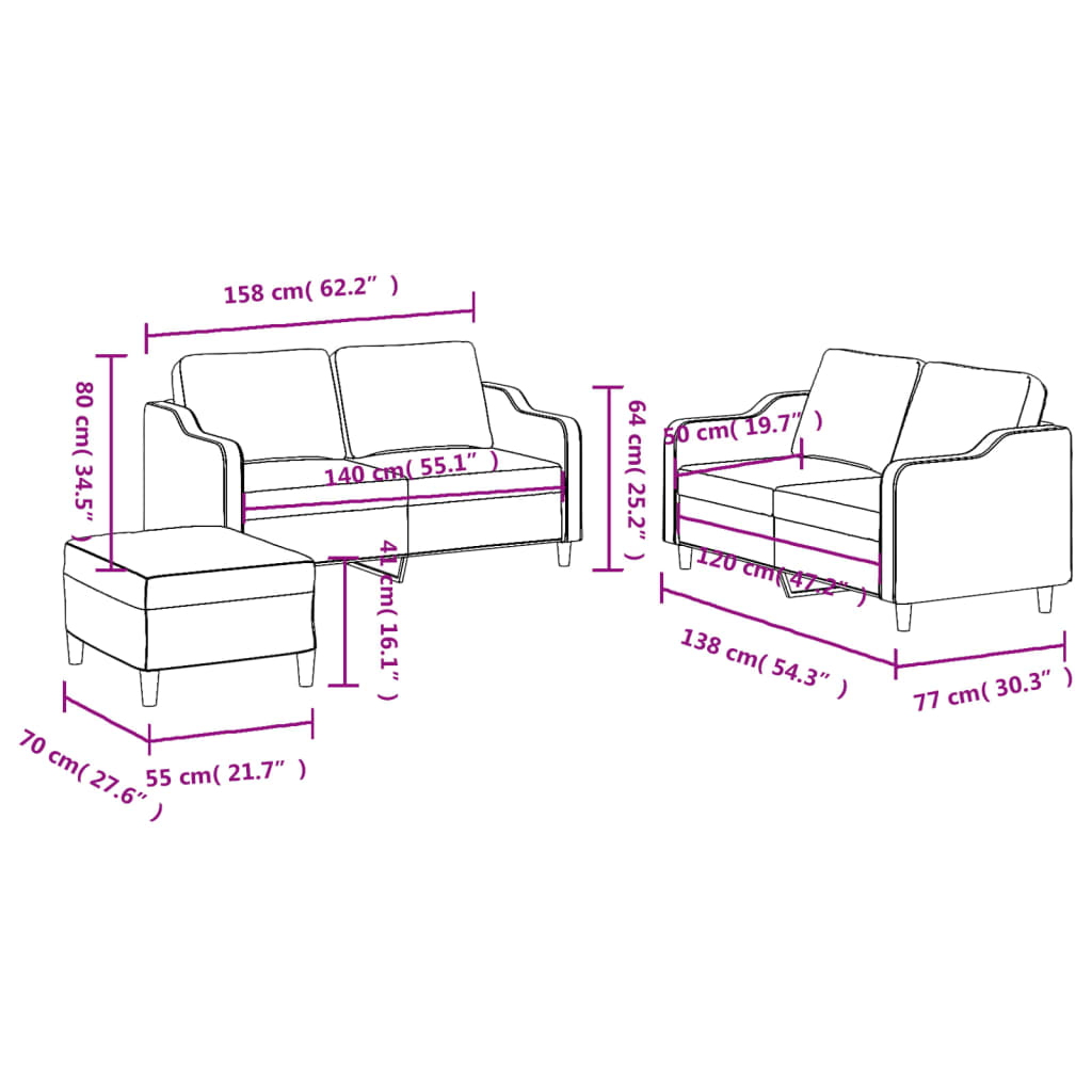 3-dijelni set sofa s jastucima smeđi od tkanine