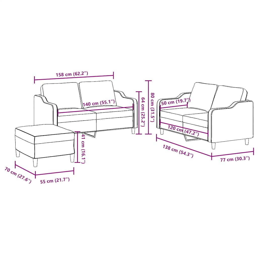 3-dijelni set sofa s jastucima crni od tkanine