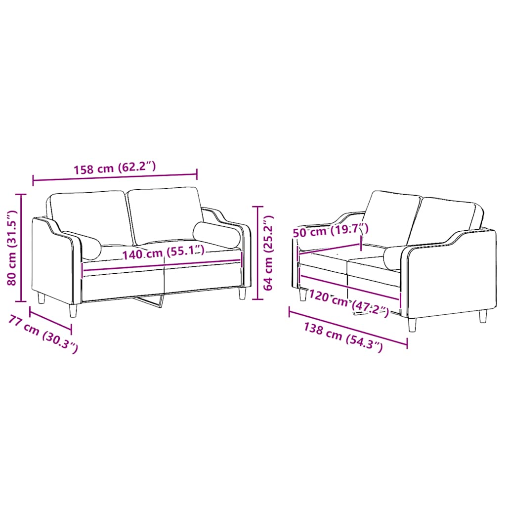 2-dijelni set sofa s jastucima crvena boja vina od tkanine