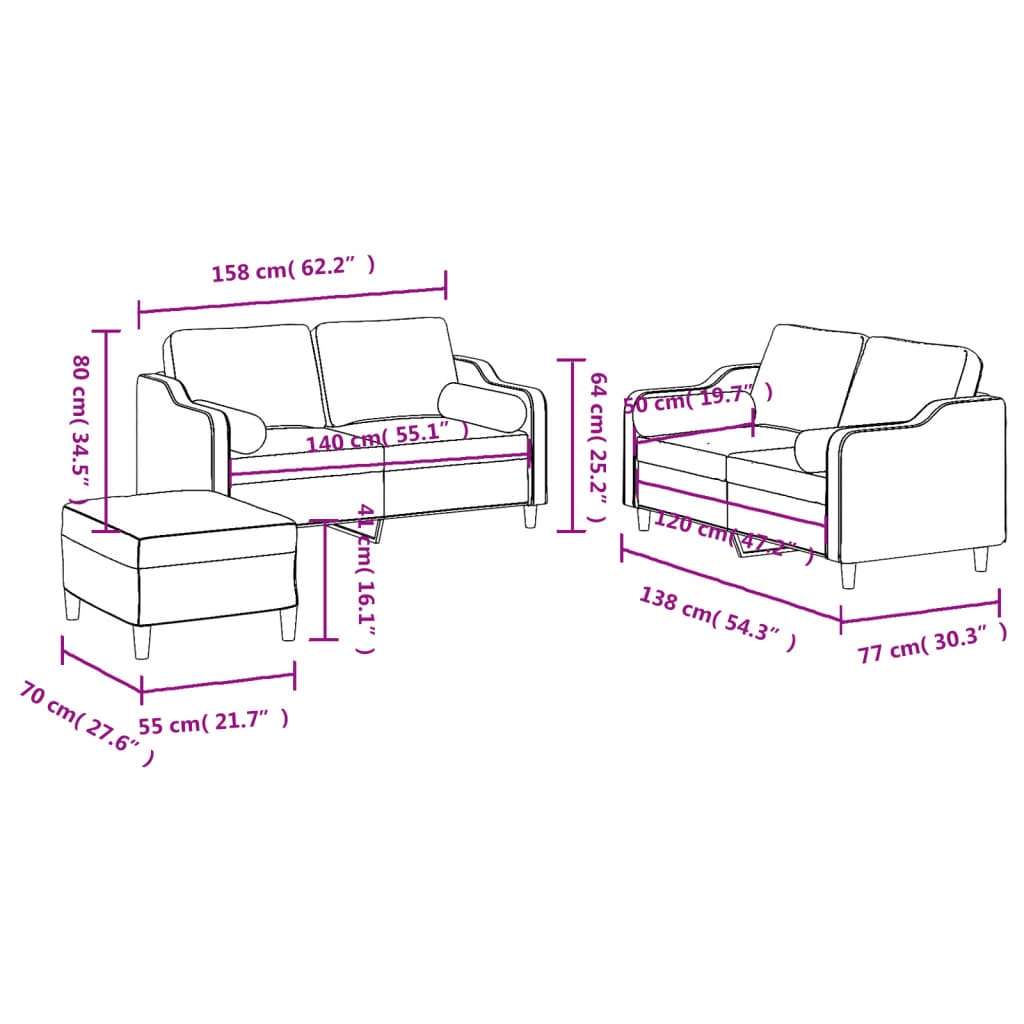 3-dijelni set sofa s jastucima krem od mikrovlakana