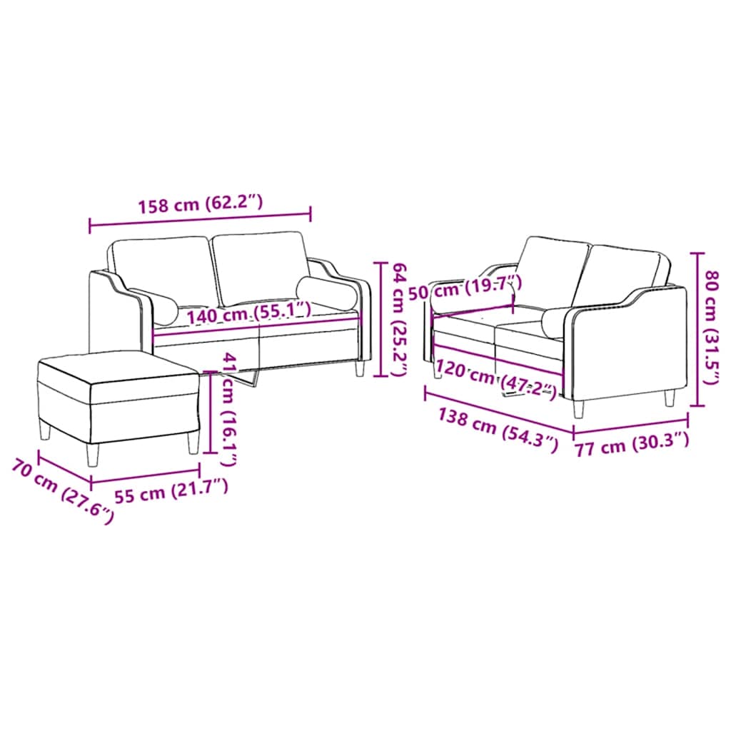 3-dijelni set sofa s jastucima svjetložuti od tkanine