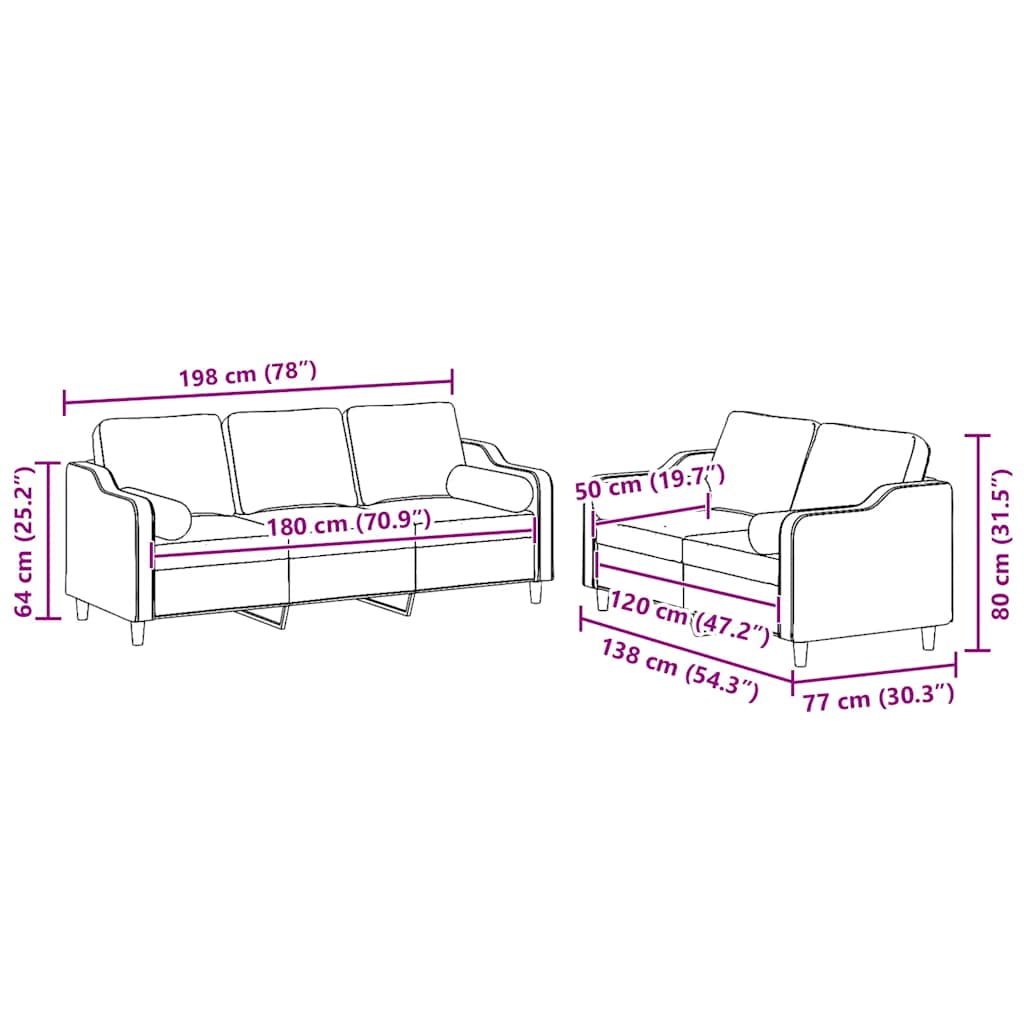 2-dijelni set sofa s jastucima crvena boja vina od tkanine