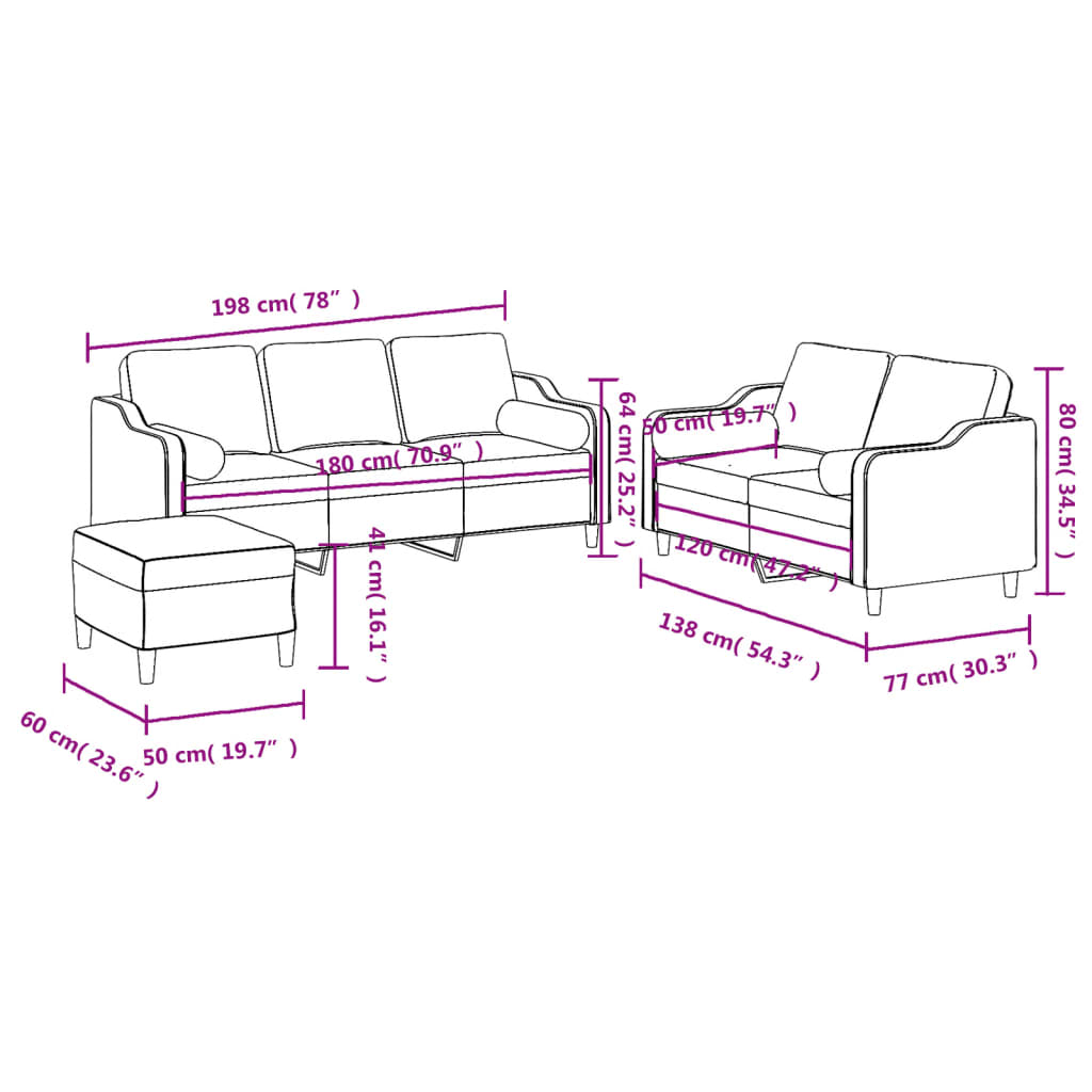 3-dijelni set sofa s jastucima krem od mikrovlakana