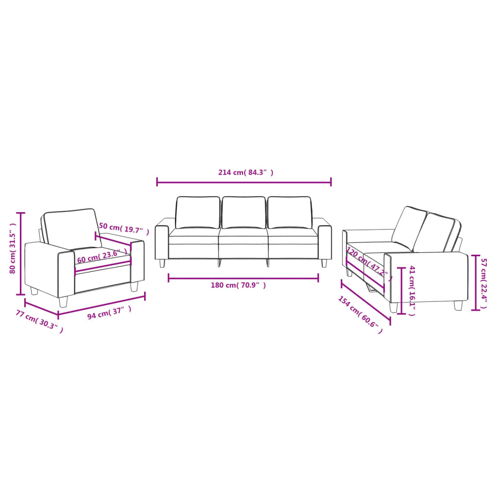 3-dijelni set sofa crni od tkanine