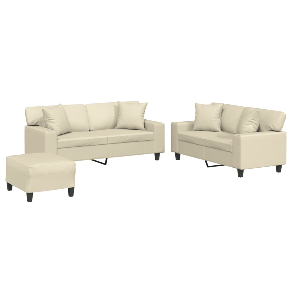 3-dijelni set sofa s jastucima krem od umjetne kože