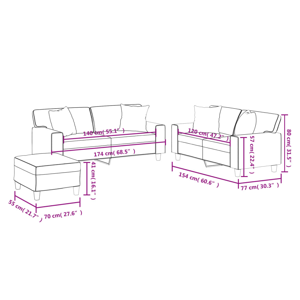 3-dijelni set sofa s jastucima krem od umjetne kože