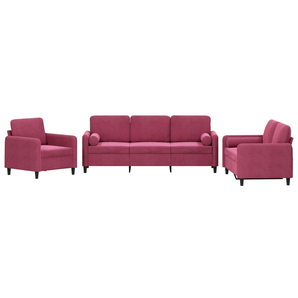 3-dijelni set sofa s jastucima crvena boja vina baršunasti