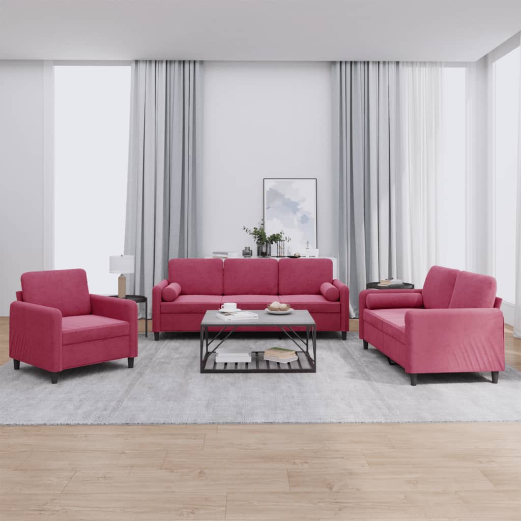 3-dijelni set sofa s jastucima crvena boja vina baršunasti