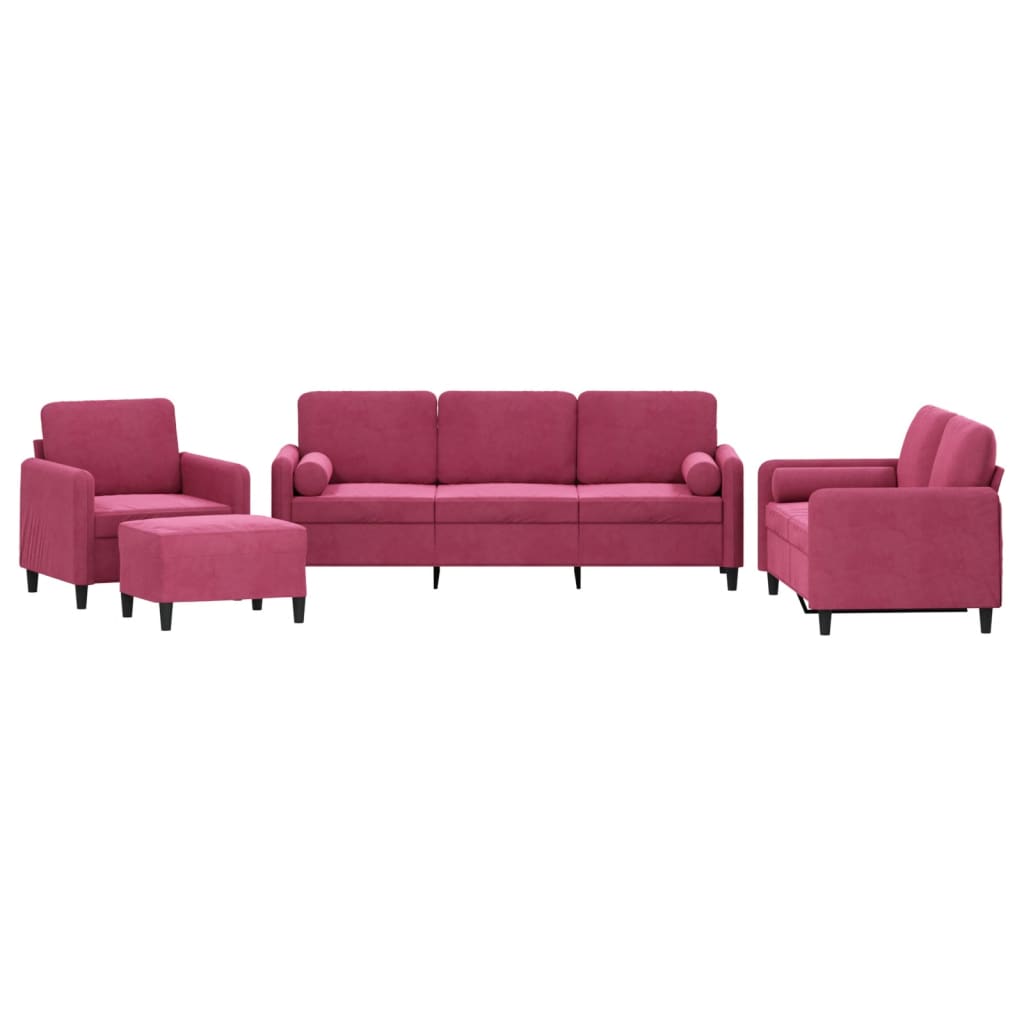 4-dijelni set sofa s jastucima crvena boja vina baršunasti